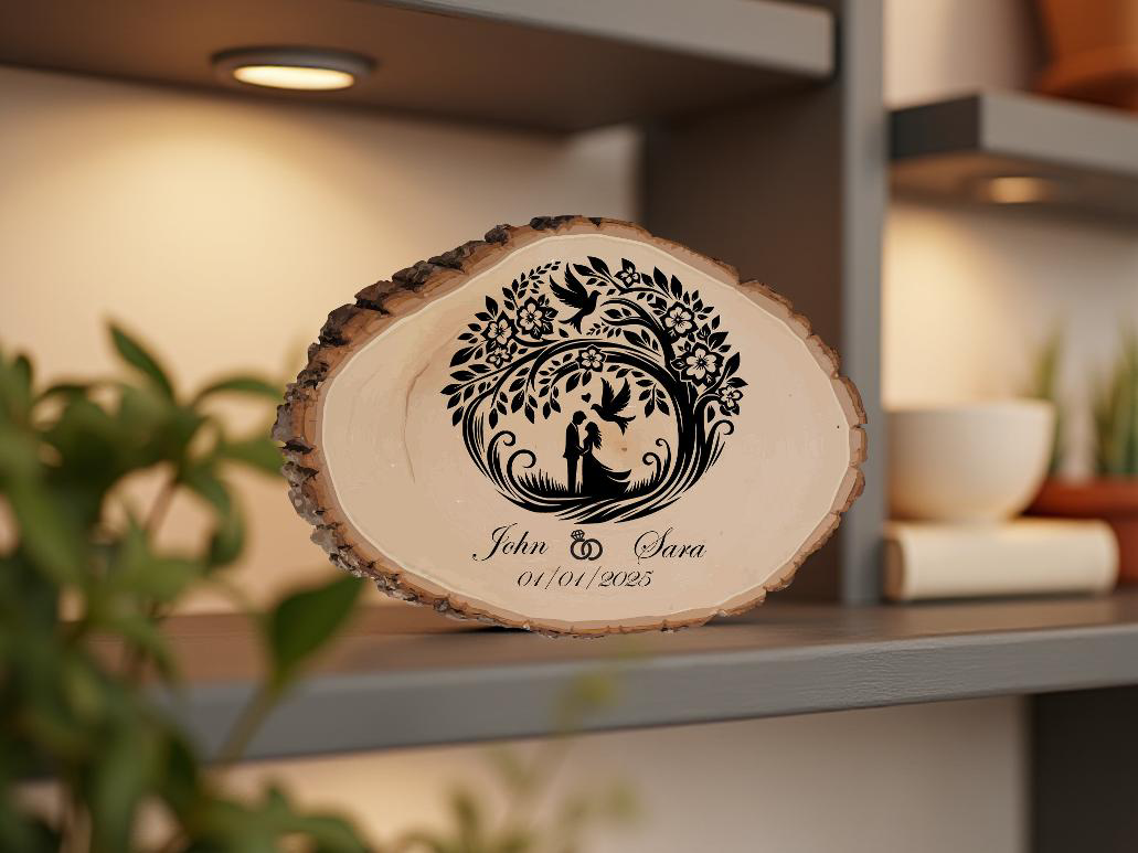 Custom Wedding Tree Slice Sign – Personalized Engraved Wood Plaque with Couple's Names & Date – Rustic Wedding Decor or Gift